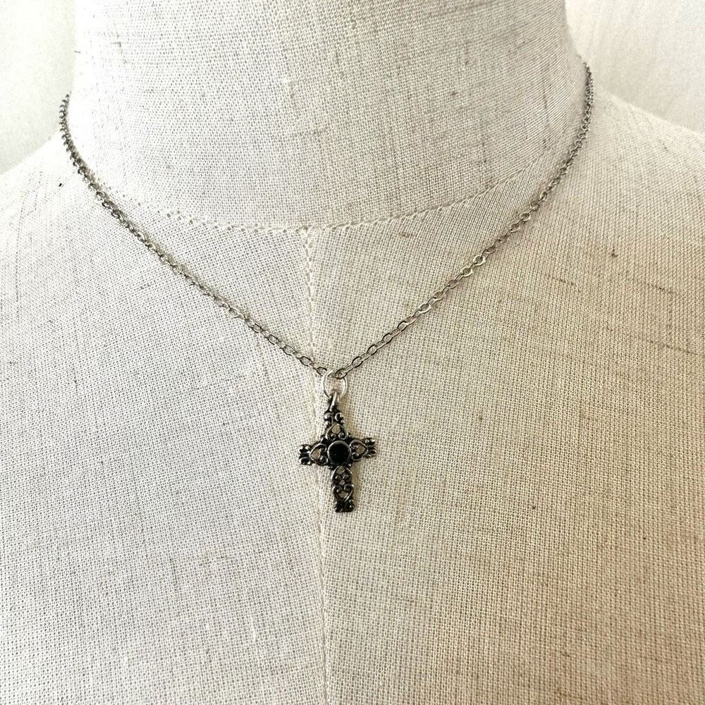 Silver tone and black dainty cross necklace
